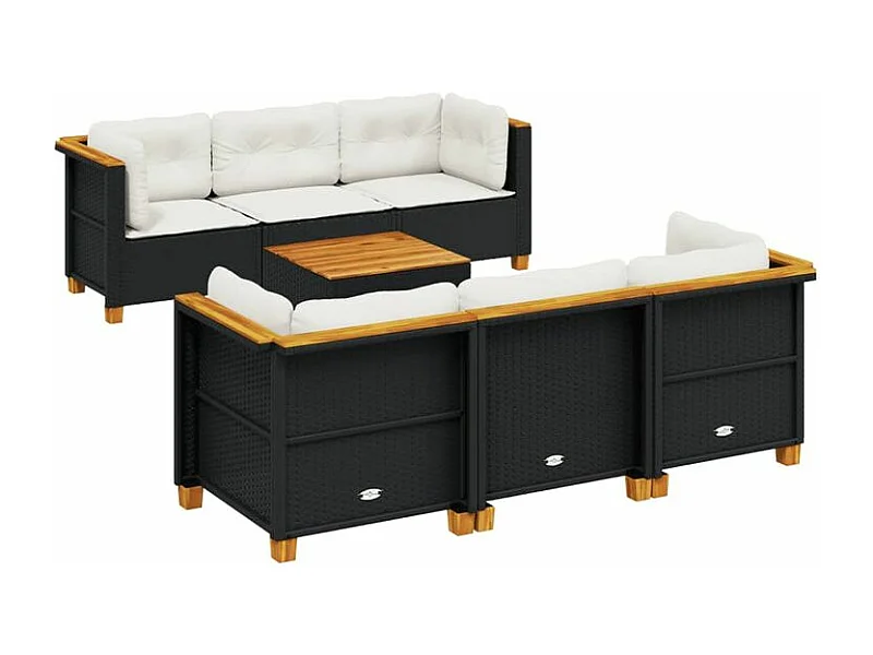 Salon de jardin 7 pcs avec coussins noir résine tressée