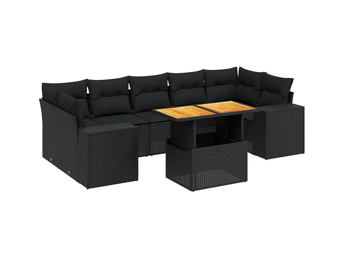 Salon de jardin 8 pcs avec coussins noir résine tressée