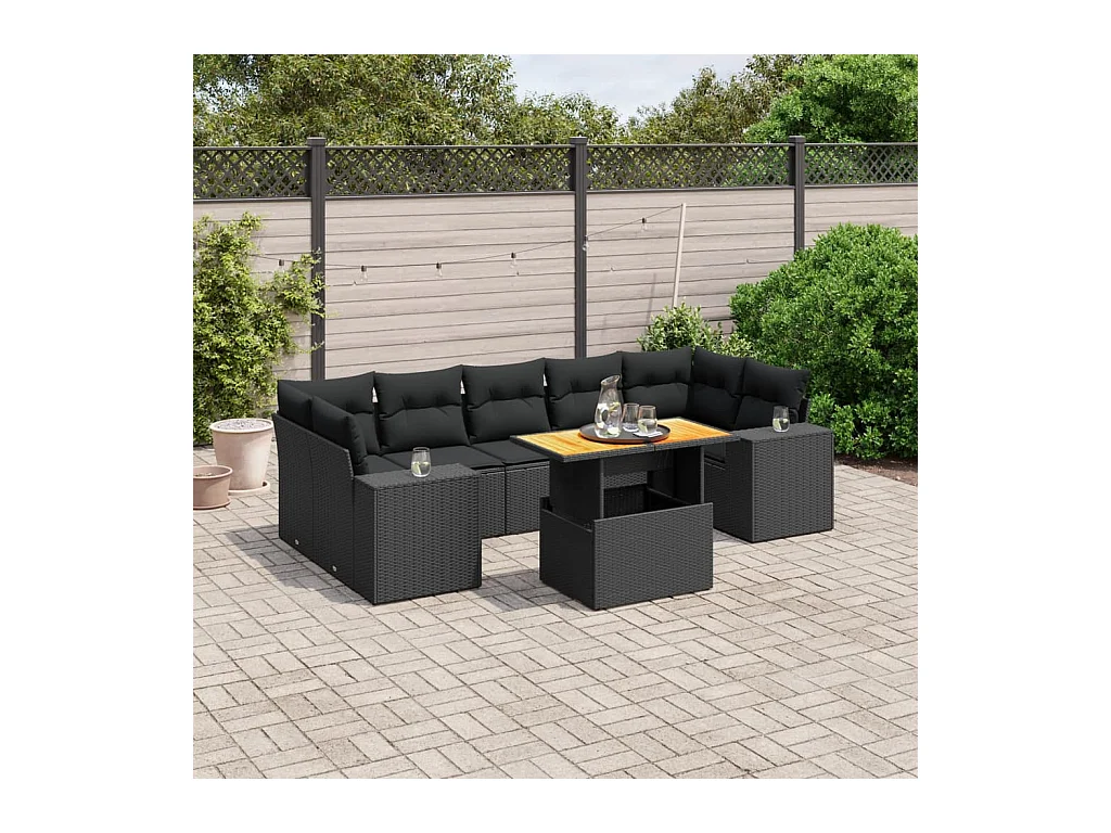 Salon de jardin 8 pcs avec coussins noir résine tressée