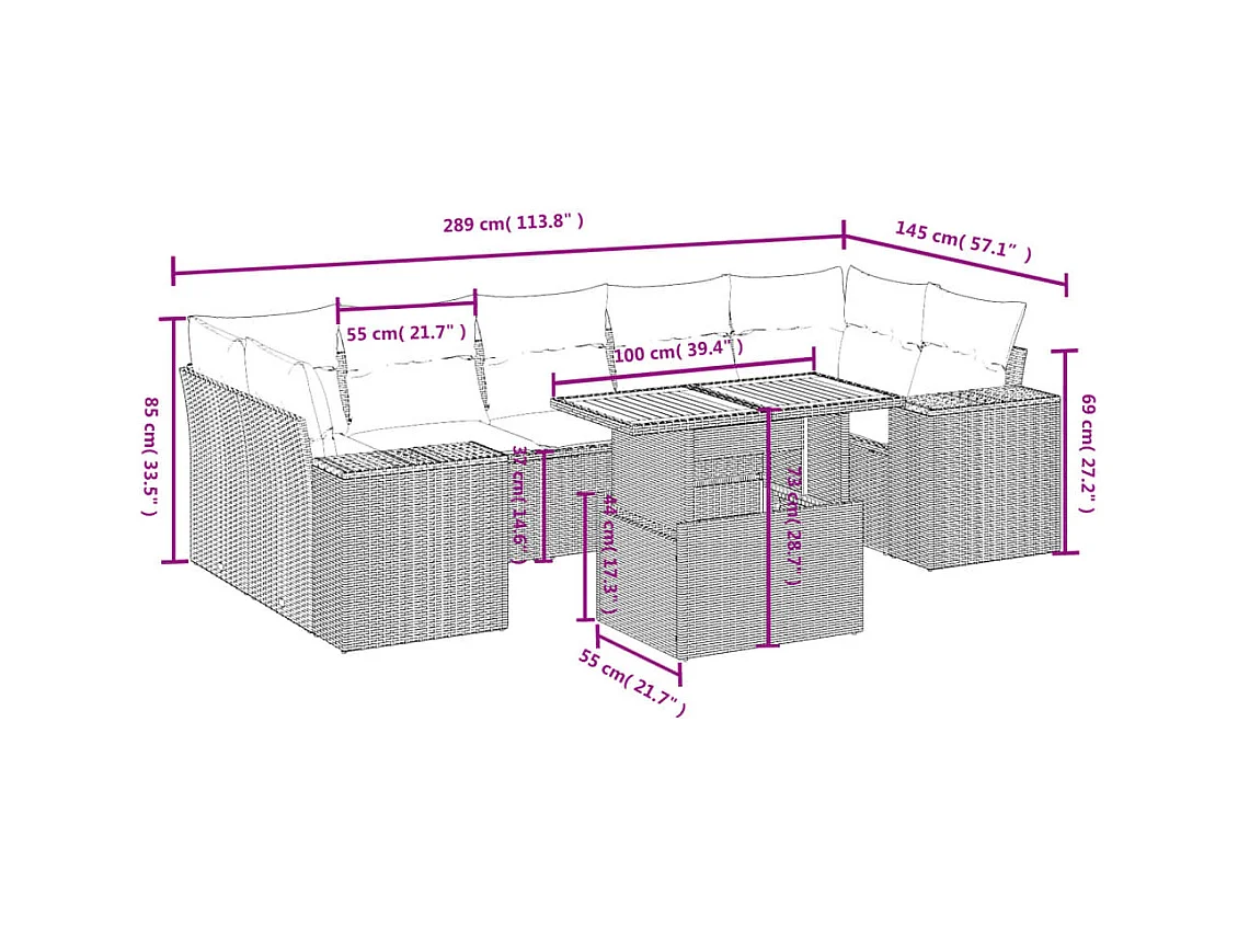 Salon de jardin 8 pcs avec coussins noir résine tressée