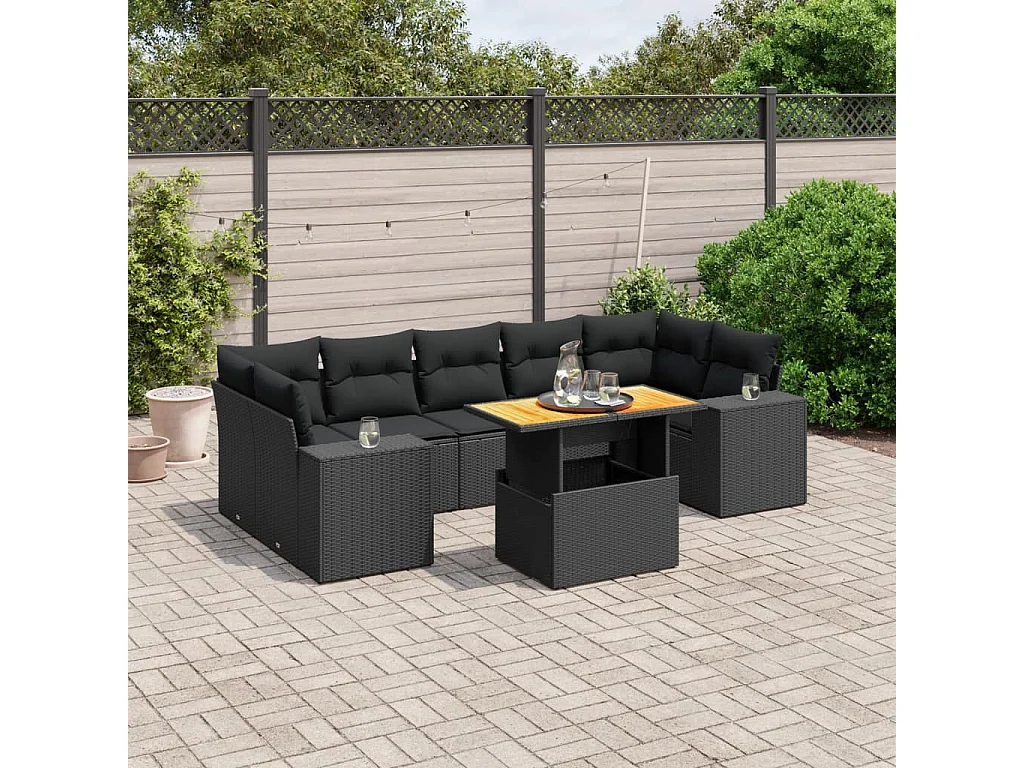 Salon de jardin 8 pcs avec coussins noir résine tressée