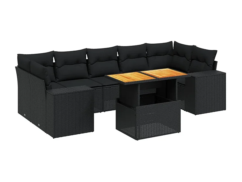 Salon de jardin 8 pcs avec coussins noir résine tressée