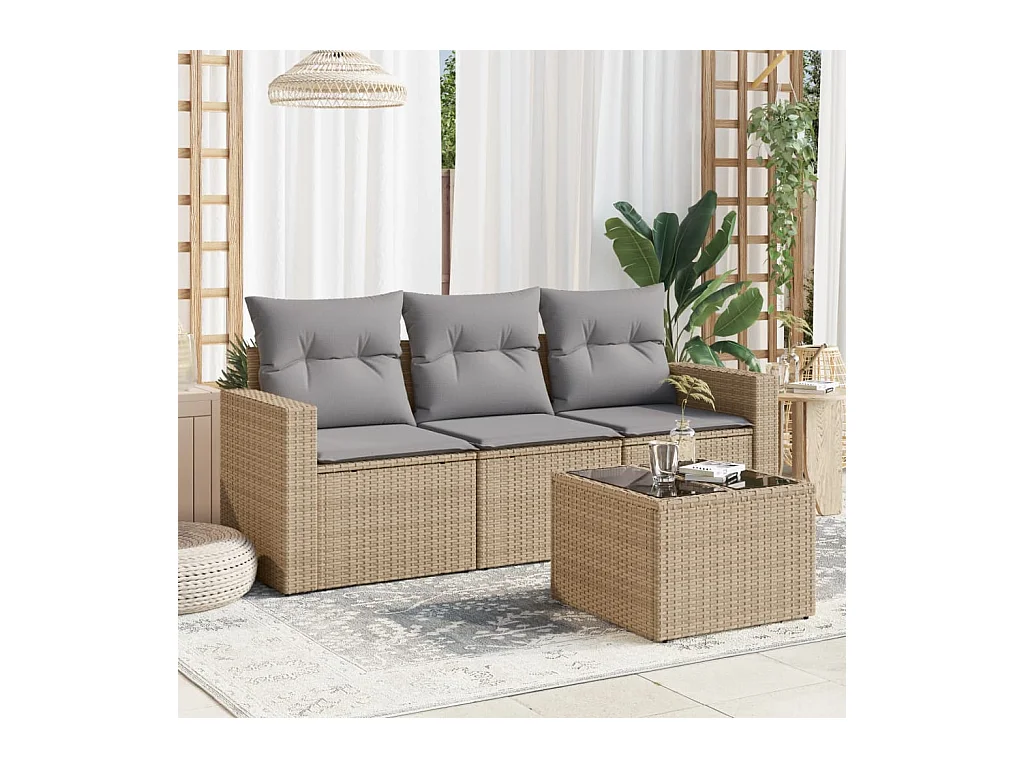 Salon de jardin avec coussins 4 pcs beige résine tressée