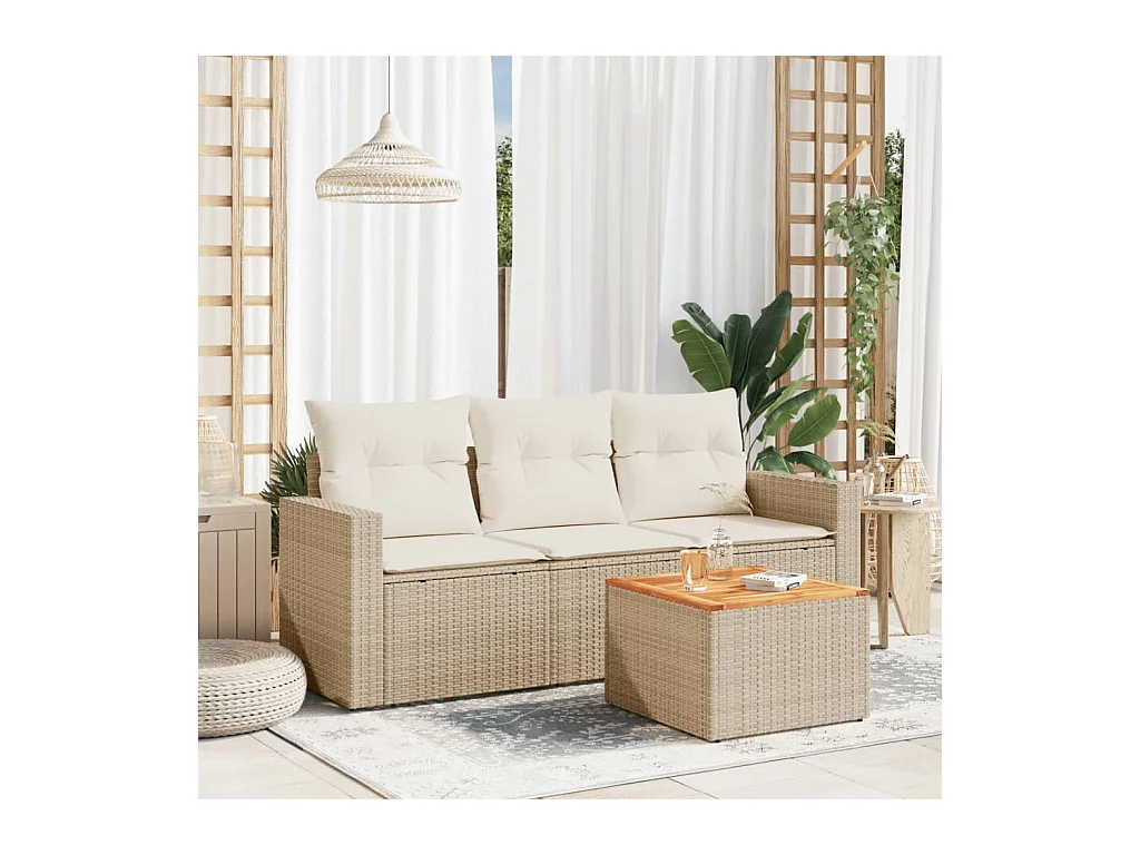 Salon de jardin avec coussins 4 pcs beige résine tressée