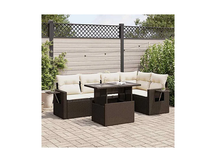 Salon de jardin avec coussins 6 pcs marron résine tressée