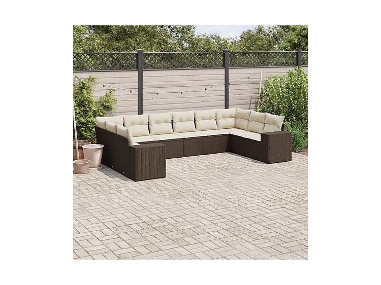 Salon de jardin 10 pcs avec coussins marron résine tressée