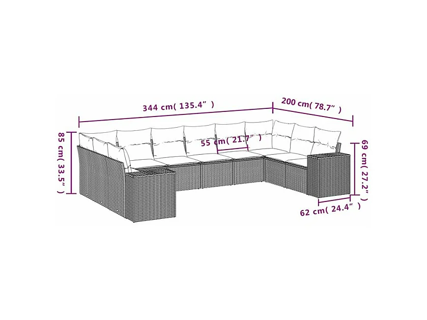 Salon de jardin 10 pcs avec coussins marron résine tressée