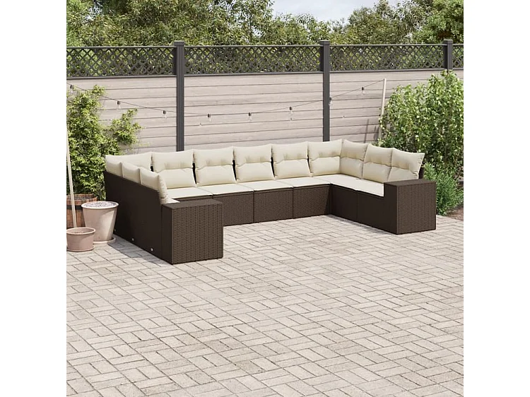 Salon de jardin 10 pcs avec coussins marron résine tressée