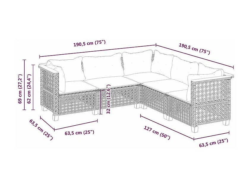 Salon de jardin 5 pcs avec coussins gris résine tressée