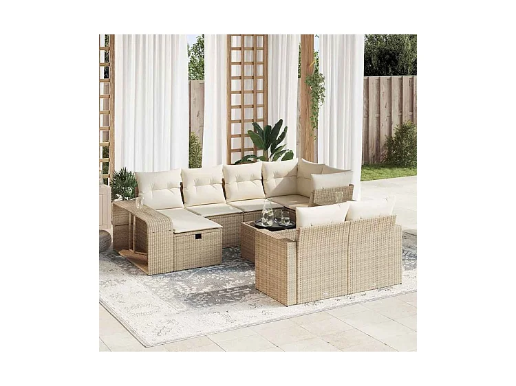 Salon de jardin 11 pcs avec coussins beige résine tressée