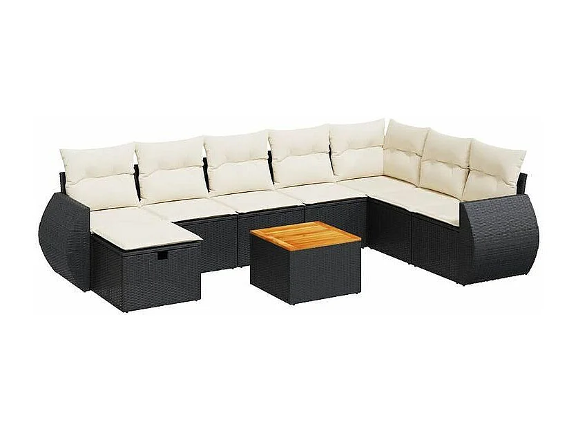 Salon de jardin 9 pcs avec coussins noir résine tressée