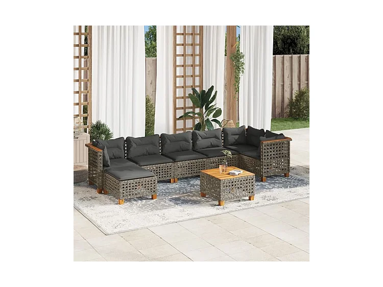 Salon de jardin 8 pcs avec coussins gris résine tressée