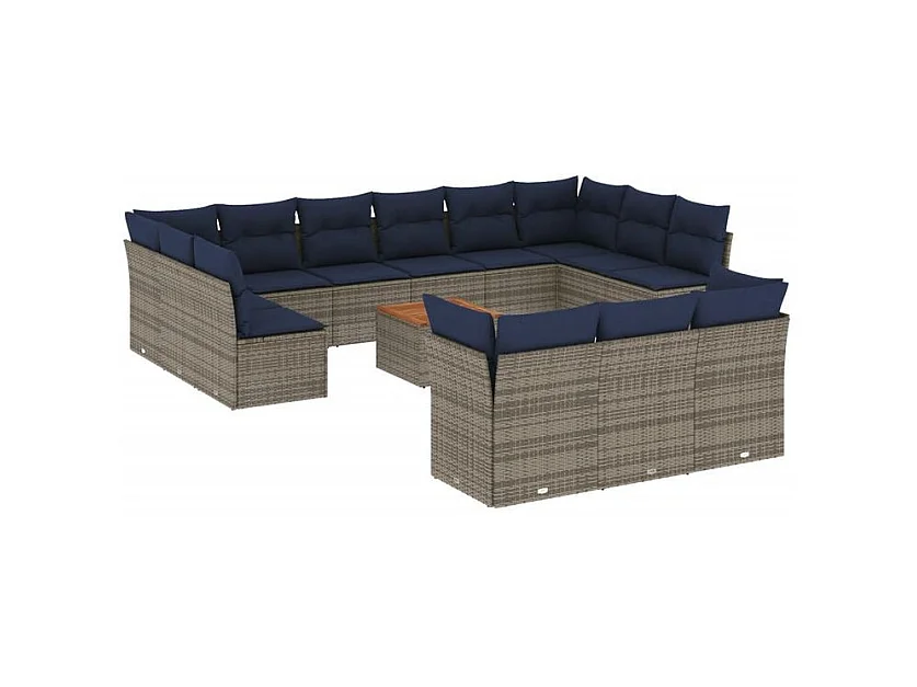 Salon de jardin avec coussins 14 pcs gris résine tressée