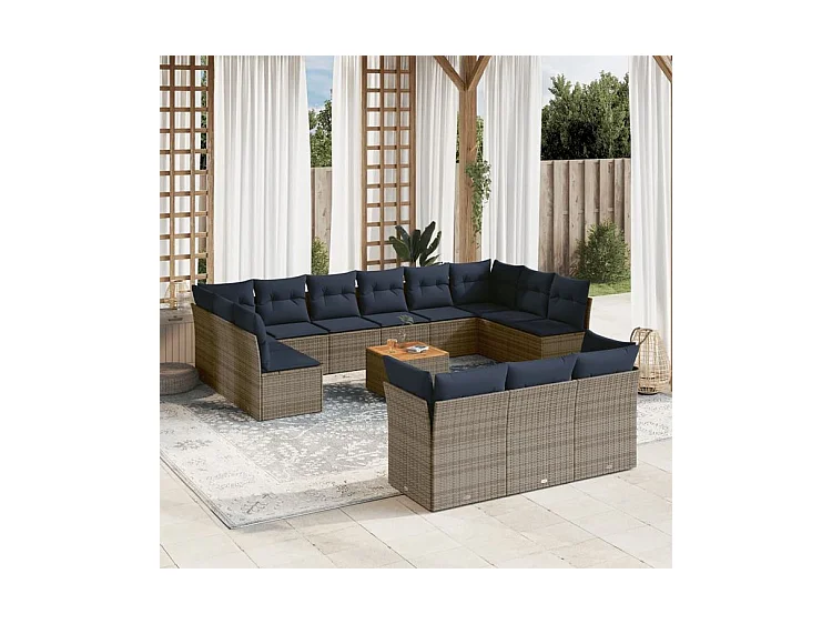 Salon de jardin avec coussins 14 pcs gris résine tressée