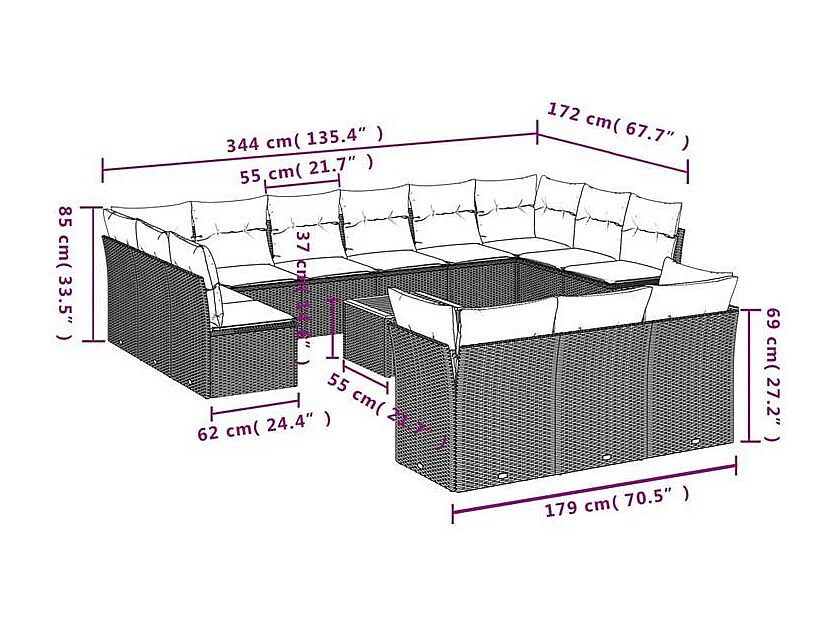 Salon de jardin avec coussins 14 pcs gris résine tressée