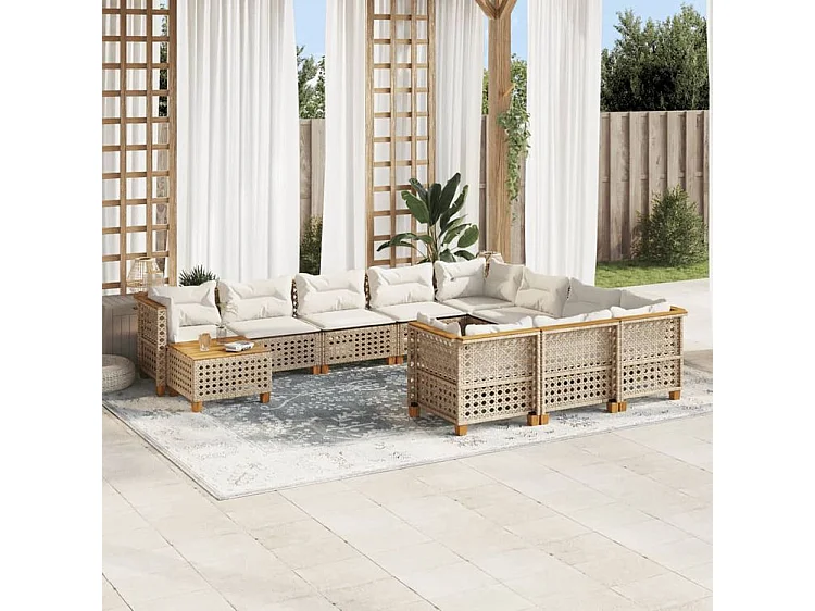 Salon de jardin 11 pcs avec coussins beige résine tressée