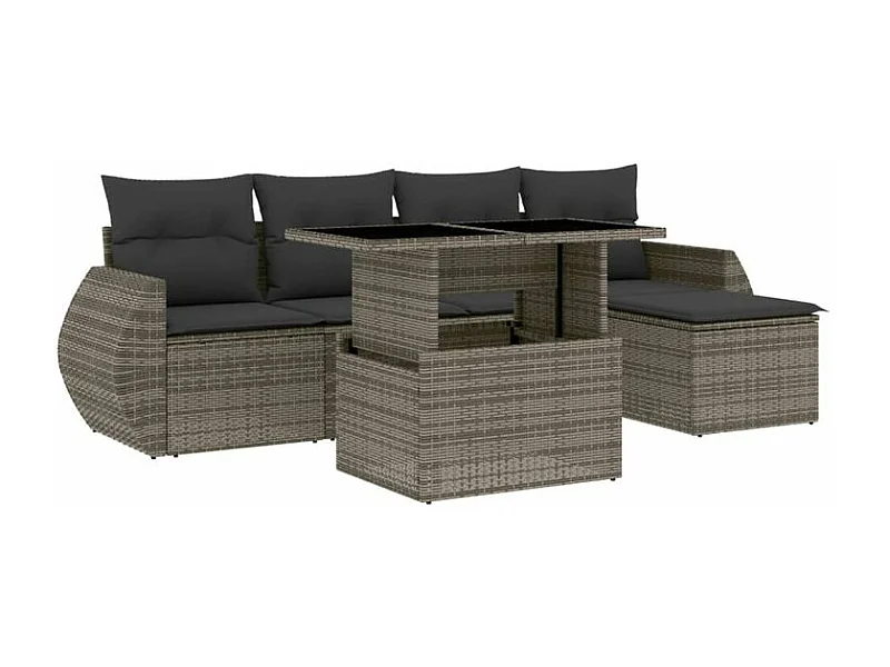 Salon de jardin 6 pcs avec coussins gris résine tressée