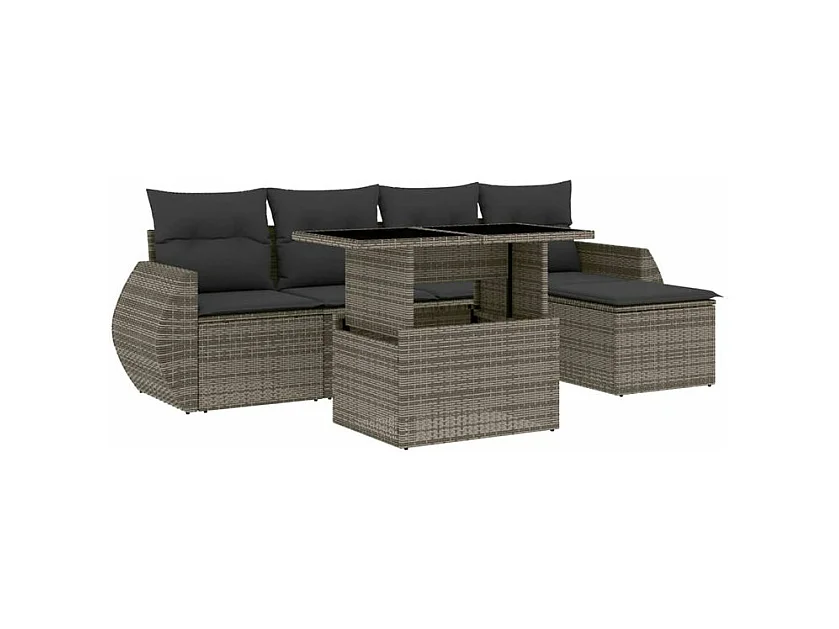 Salon de jardin 6 pcs avec coussins gris résine tressée