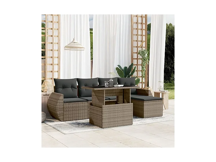Salon de jardin 6 pcs avec coussins gris résine tressée