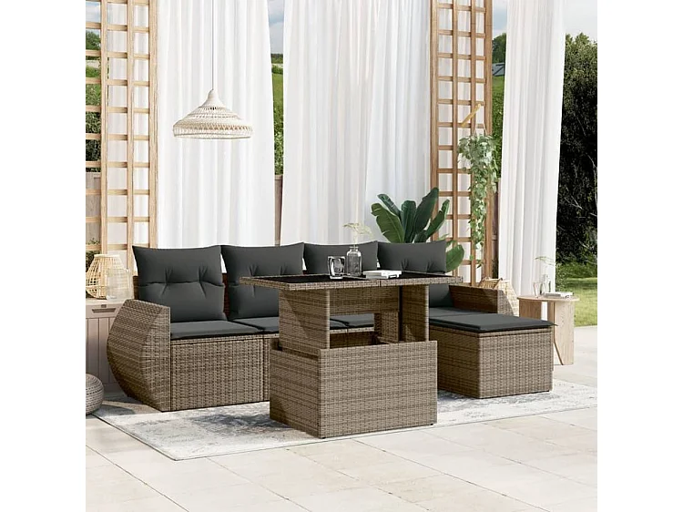 Salon de jardin 6 pcs avec coussins gris résine tressée