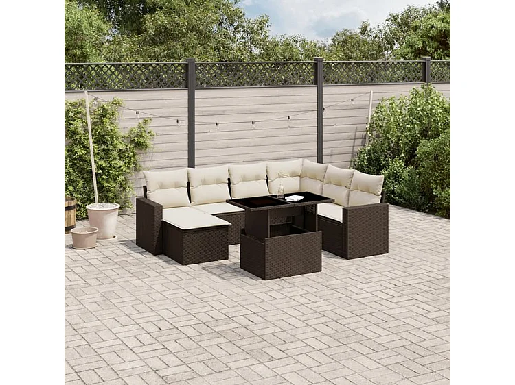 Salon de jardin 8 pcs avec coussins marron résine tressée