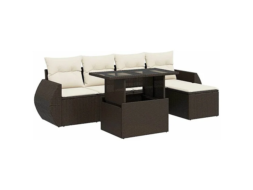 Salon de jardin avec coussins 6 pcs marron résine tressée