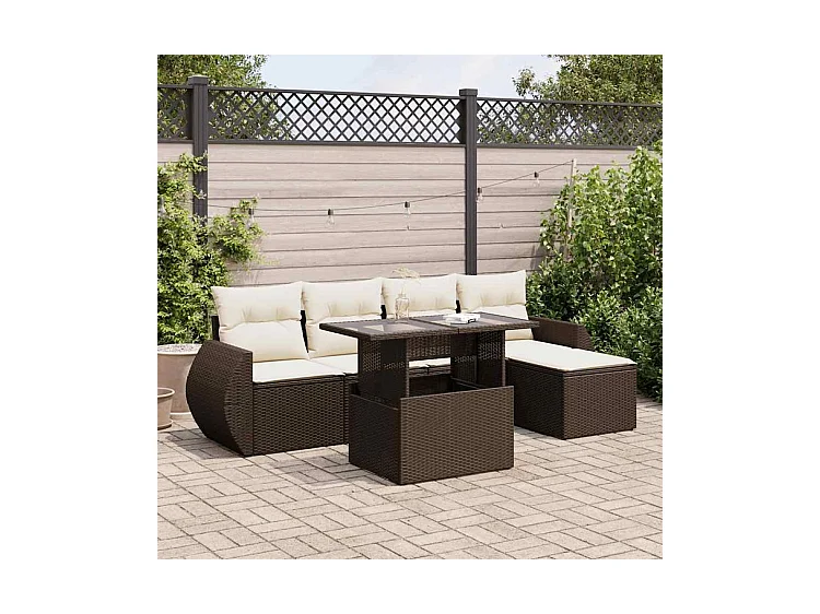 Salon de jardin avec coussins 6 pcs marron résine tressée