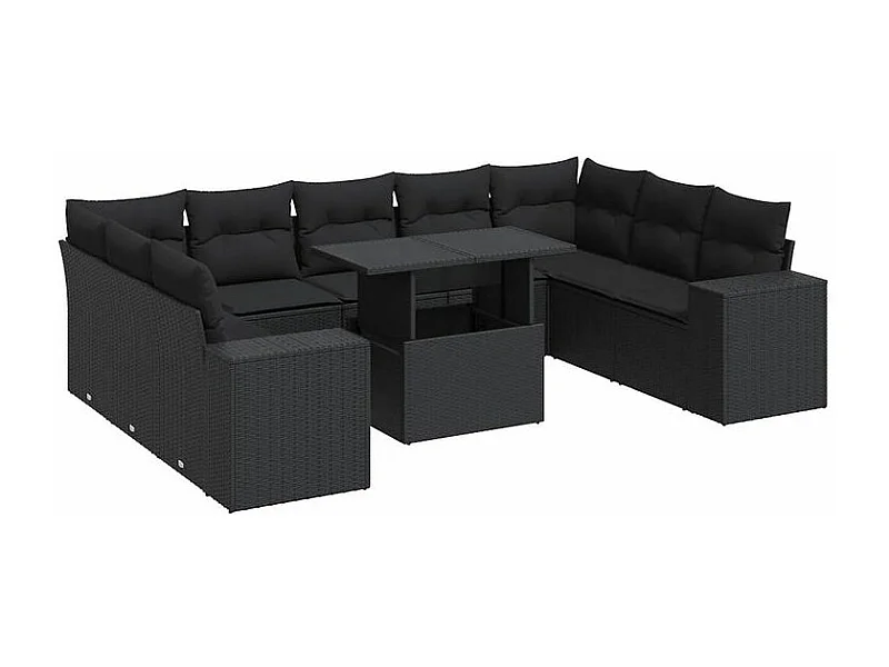 Salon de jardin 10 pcs avec coussins noir résine tressée