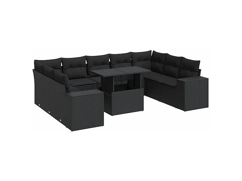 Salon de jardin 10 pcs avec coussins noir résine tressée