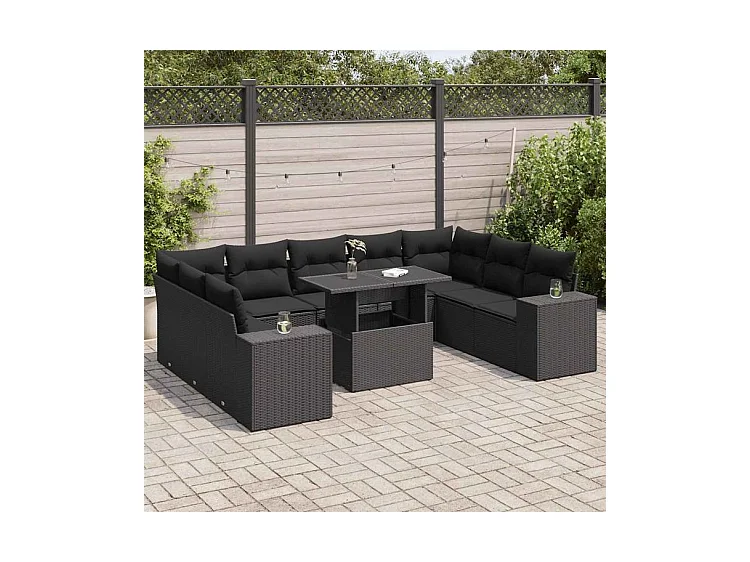Salon de jardin 10 pcs avec coussins noir résine tressée