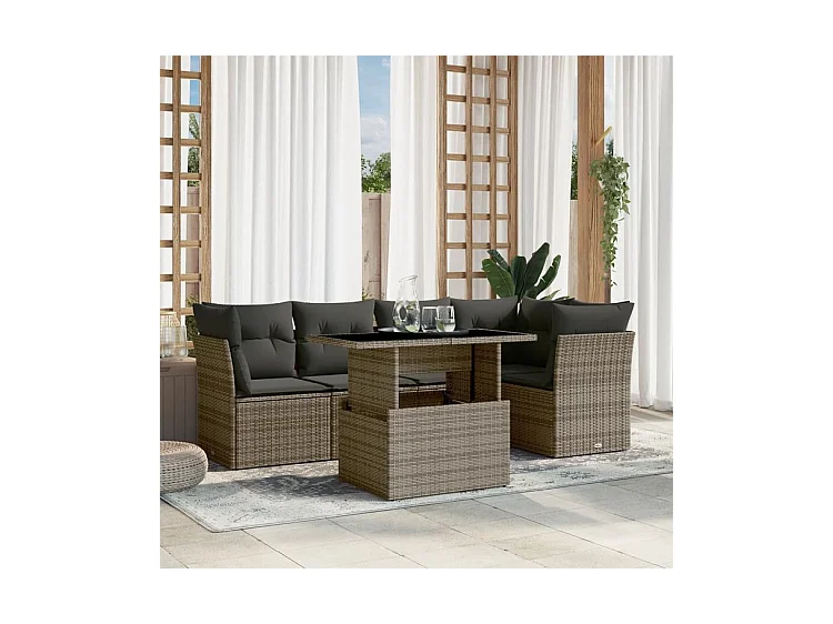 Salon de jardin 6 pcs avec coussins gris résine tressée