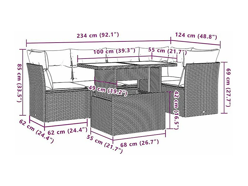 Salon de jardin 6 pcs avec coussins gris résine tressée