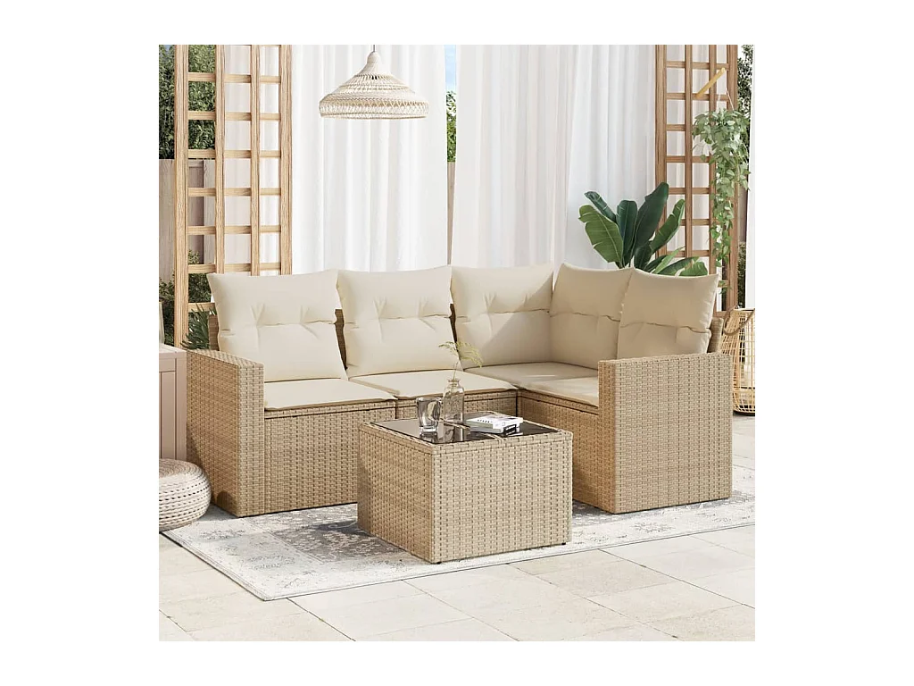 Salon de jardin avec coussins 5 pcs beige résine tressée