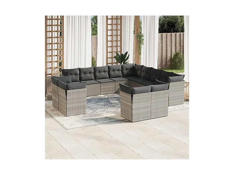 Salon de jardin avec coussins 13 pcs gris clair résine tressée