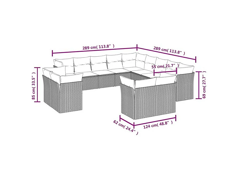 Salon de jardin avec coussins 13 pcs gris clair résine tressée