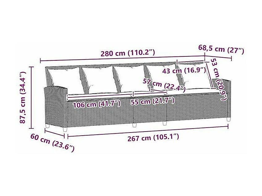 Canapé de jardin avec coussins 5 places gris résine tressée