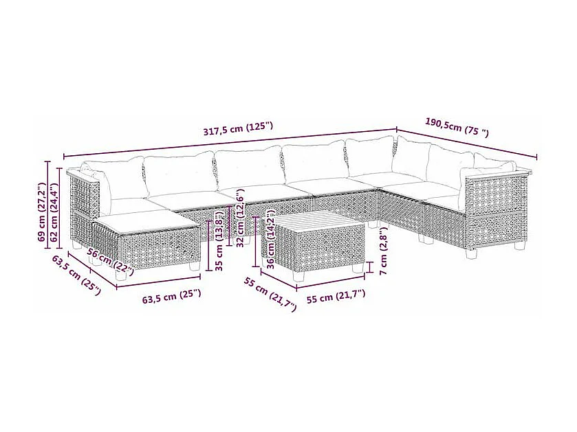Salon de jardin 9 pcs avec coussins gris résine tressée