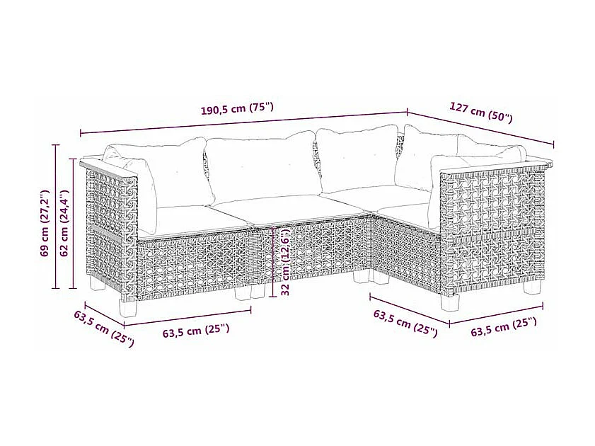 Salon de jardin 4 pcs avec coussins gris résine tressée