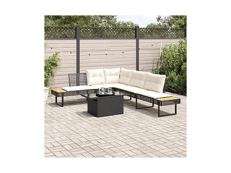 Salon de jardin avec coussins 2pcs noir résine tressée et verre
