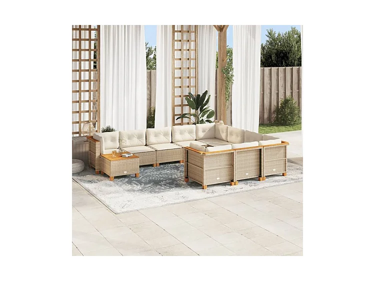 Salon de jardin 11 pcs avec coussins beige résine tressée