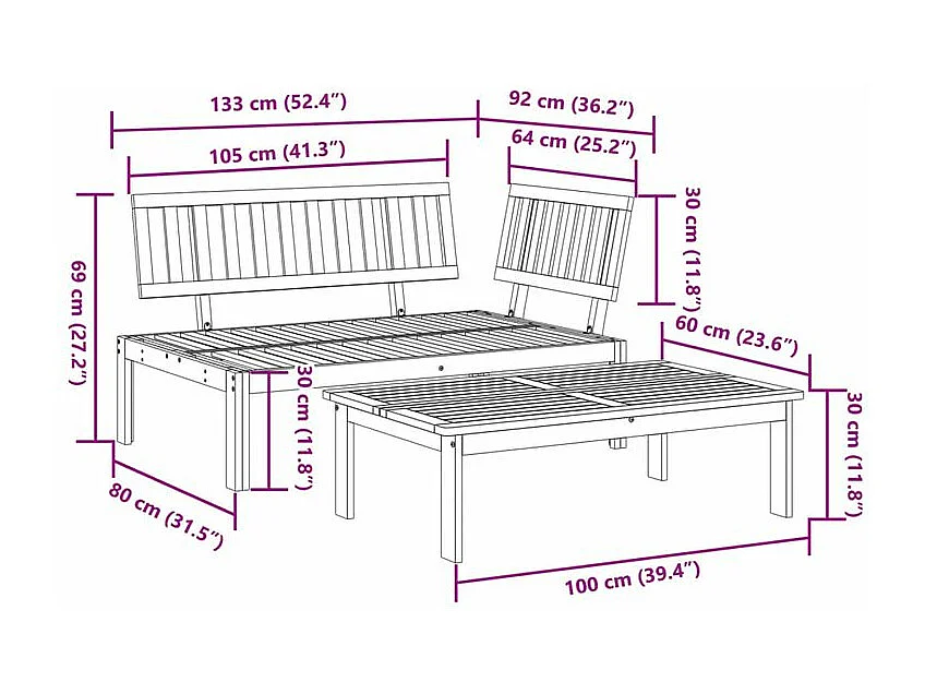 Salon de jardin palette 2 pcs bois massif d'acacia