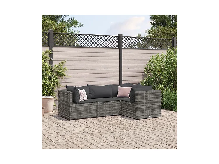 Salon de jardin 4 pcs avec coussins Gris Résine tressée