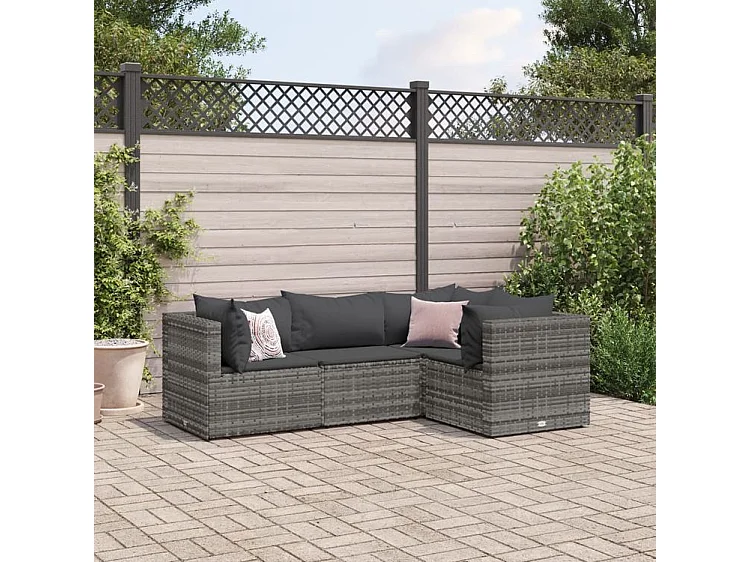 Salon de jardin 4 pcs avec coussins Gris Résine tressée