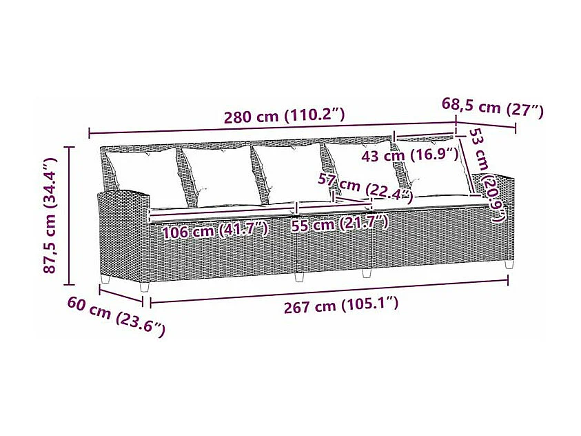 Canapé de jardin avec coussins 5 places beige résine tressée