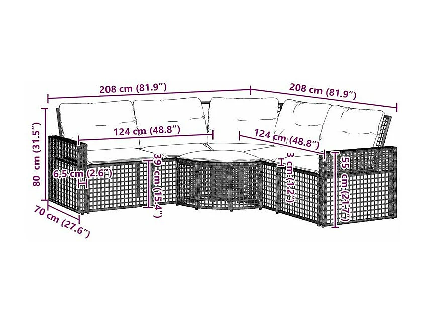 Canapé de jardin et coussins et repose-pied en forme de L rotin