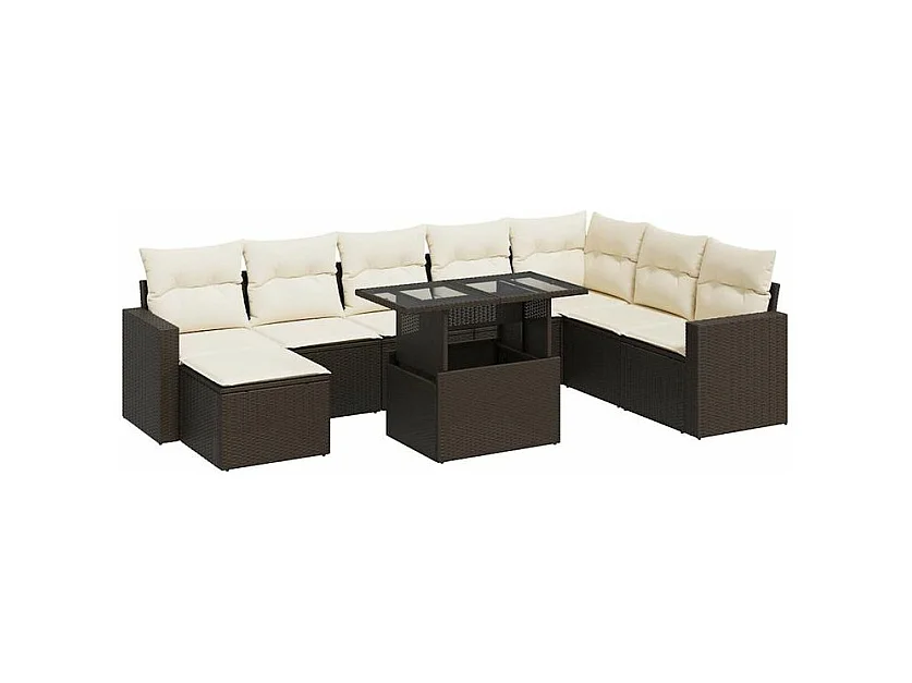 Salon de jardin avec coussins 9 pcs marron résine tressée