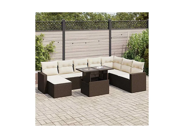 Salon de jardin avec coussins 9 pcs marron résine tressée