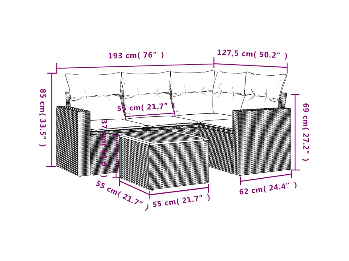 Salon de jardin avec coussins 5 pcs beige résine tressée