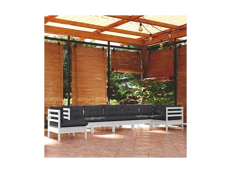 Salon de jardin 8 pcs avec coussins blanc bois de pin solide