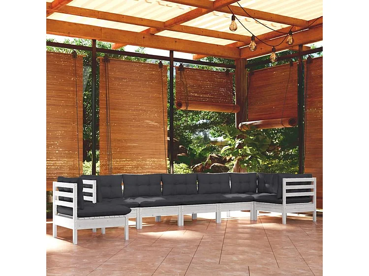 Salon de jardin 8 pcs avec coussins blanc bois de pin solide